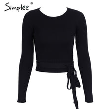 Load image into Gallery viewer, Simplee Casual tie up knitted sweater women Skinny slim knitting pull femme jumper Crop top winter sweater tricot pullover women