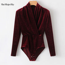 Load image into Gallery viewer, SheMujerSky Autumn Velour Women Bodysuits Sexy Jumpsuit 2017 V Neck Body Woman Long Sleeve Overalls Women's Suit