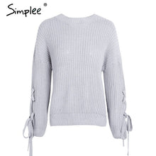 Load image into Gallery viewer, Simplee Casual o neck knitted sweater women jumper Lace up sleeve knitting pull femme 2017 autumn winter sweater pullover female